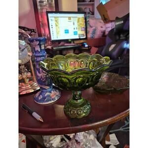 Vtg LE Smith Moon Stars Pedestal Compote Candy Dish Pressed Glass Emerald Green